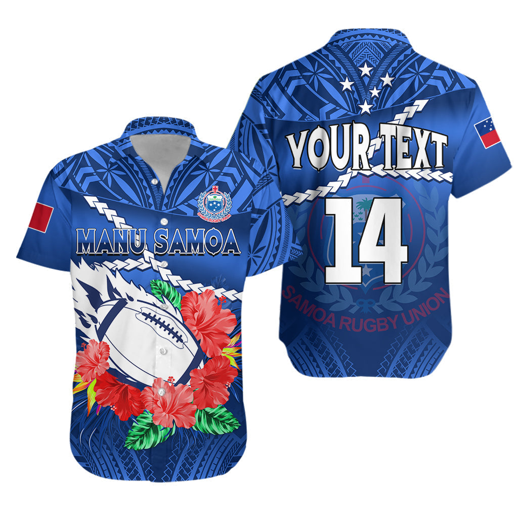 (Custom Text And Number) Samoa Rugby Hawaiian Shirt Manu Samoa Polynesian Hibiscus Blue Style - Wonder Print Shop