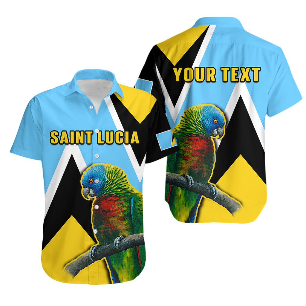 Light blue Hawaiian shirt with parrot graphic, bold yellow-and-white text print, short sleeves