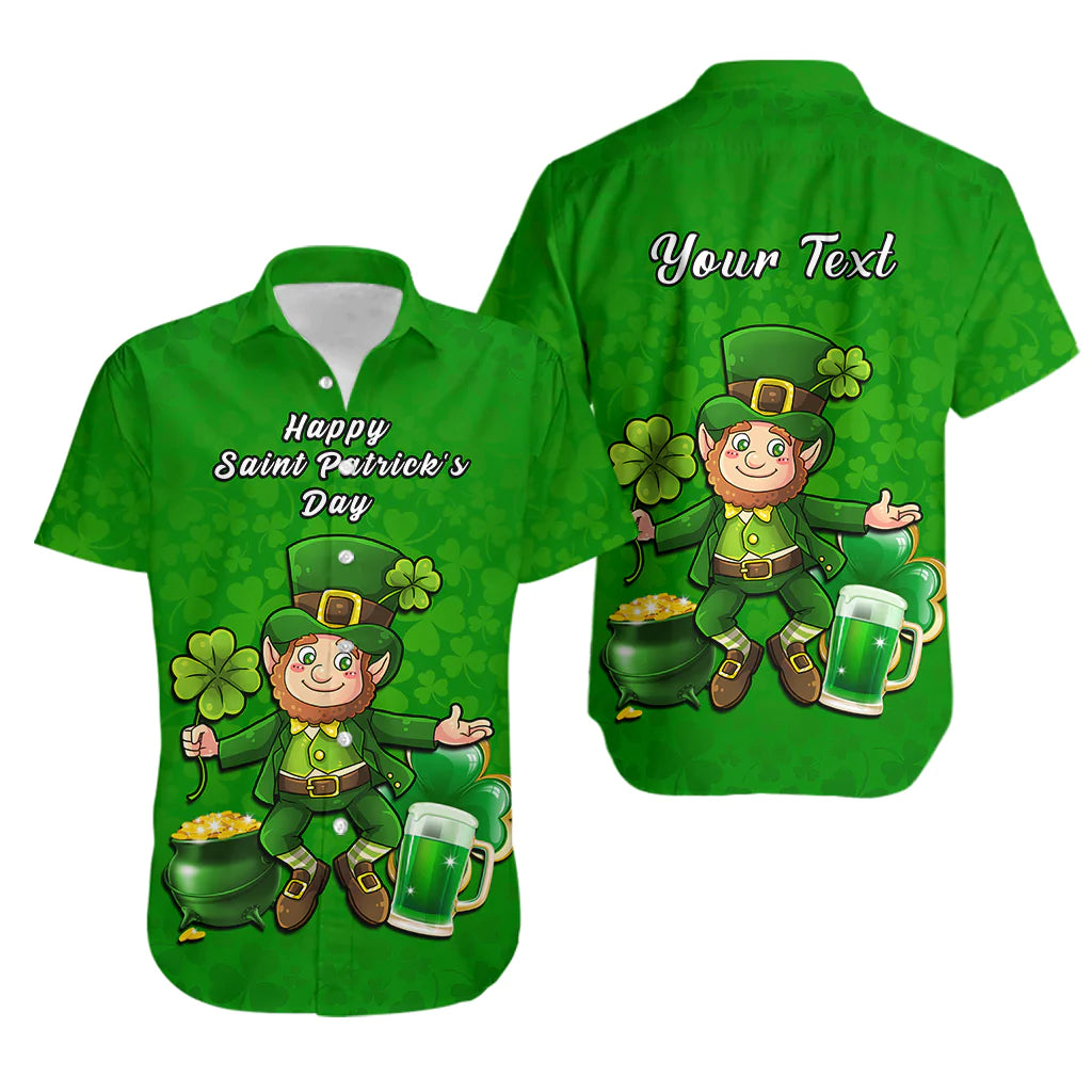 Green Hawaiian shirt with leprechaun, shamrocks, and 'Your Text' on back