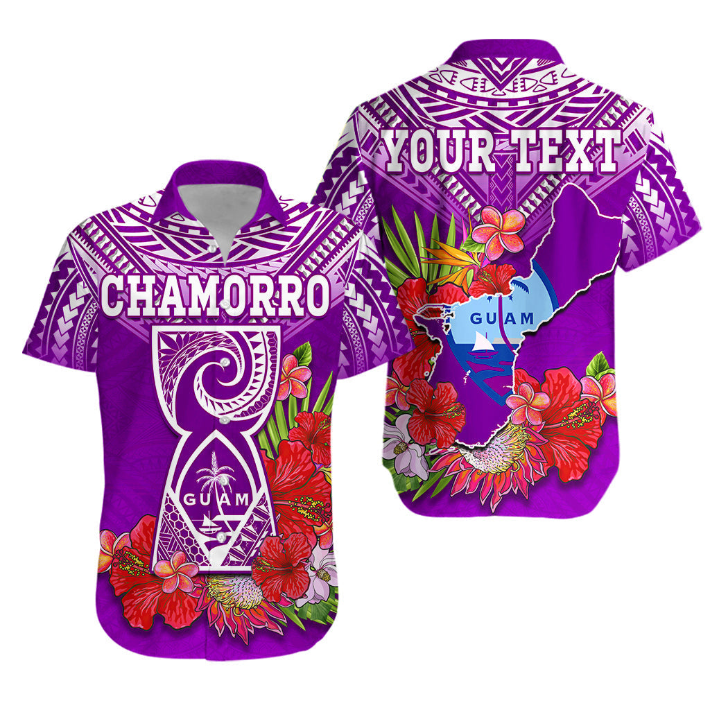 Purple Hawaiian shirt with custom text, Guam map and tropical flowers, Chamorro pattern