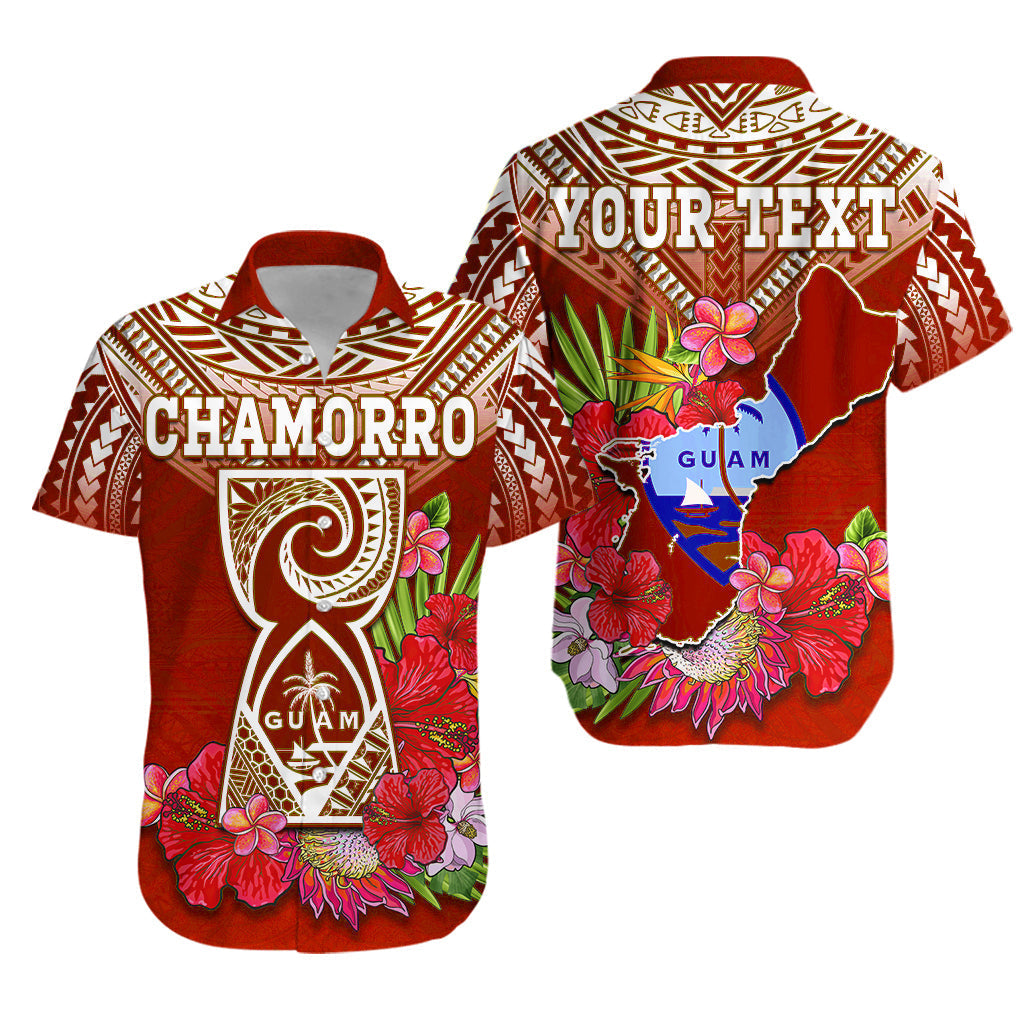 Red Chamorro Guam Hawaiian shirt with tropical flowers, bird graphics and custom text