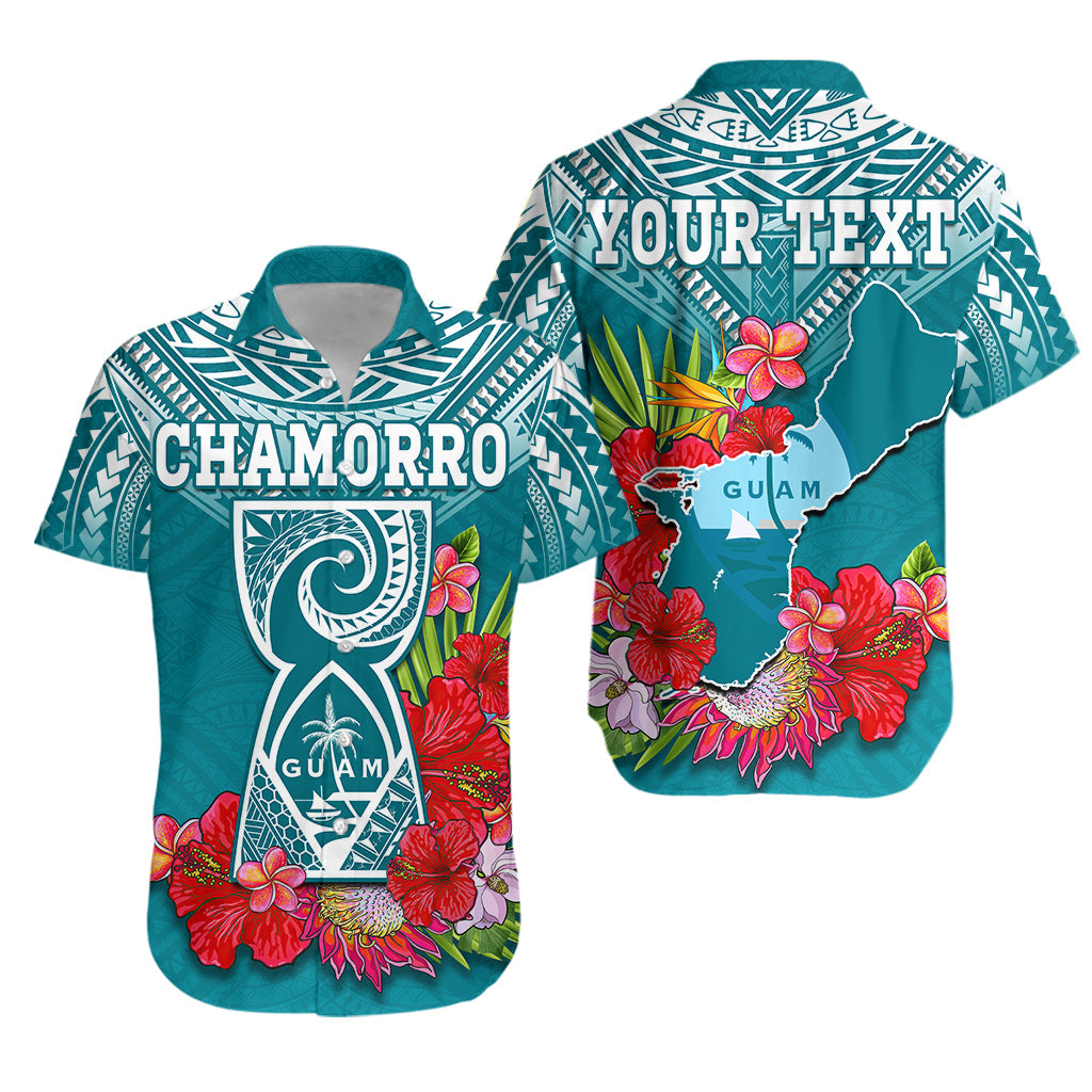 Turquoise Hawaiian shirt with Chamorro text, Guam outline, and tropical hibiscus flowers