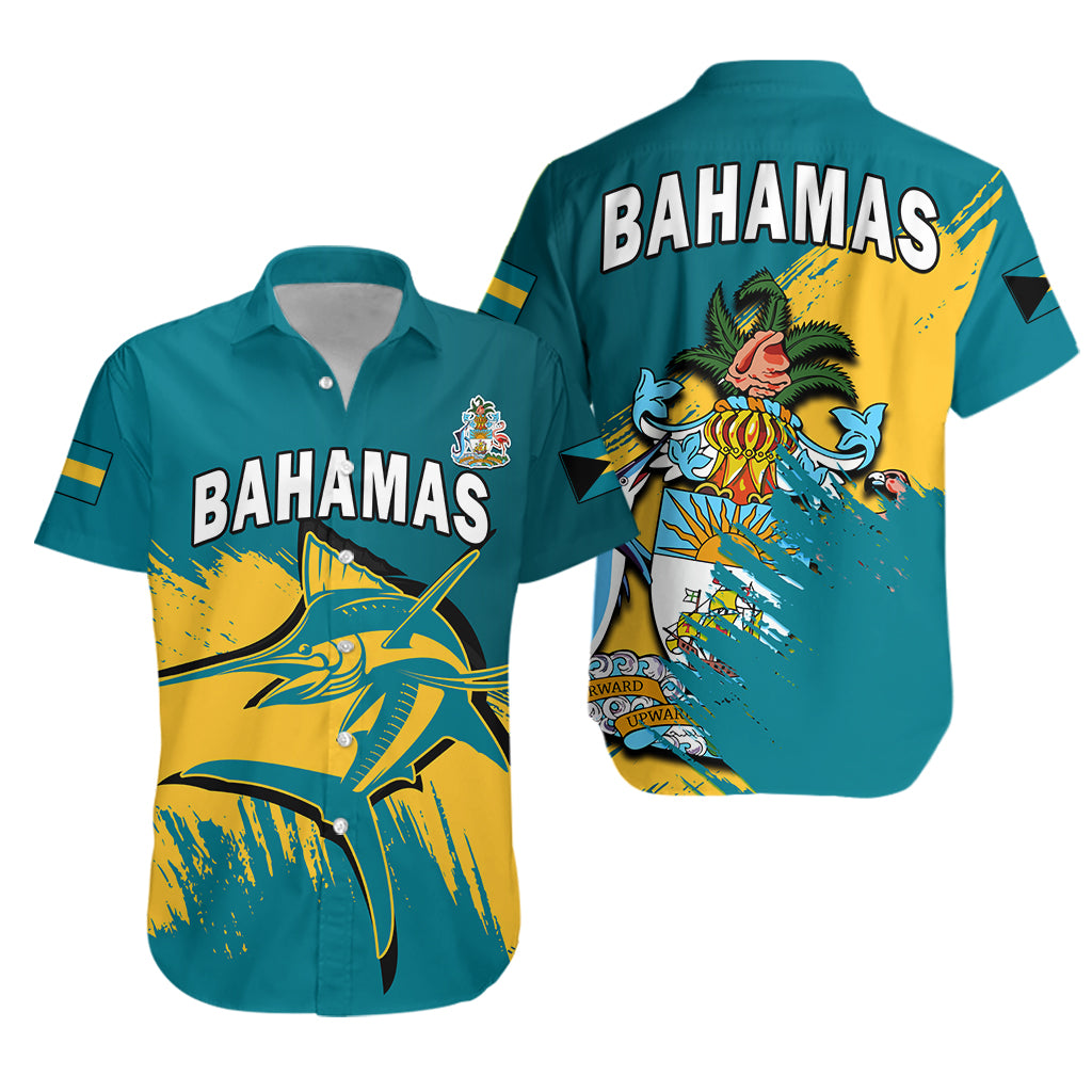 Bahamas Hawaiian Shirt Blue Marlin With Bahamian Coat Of Arms - Wonder Print Shop