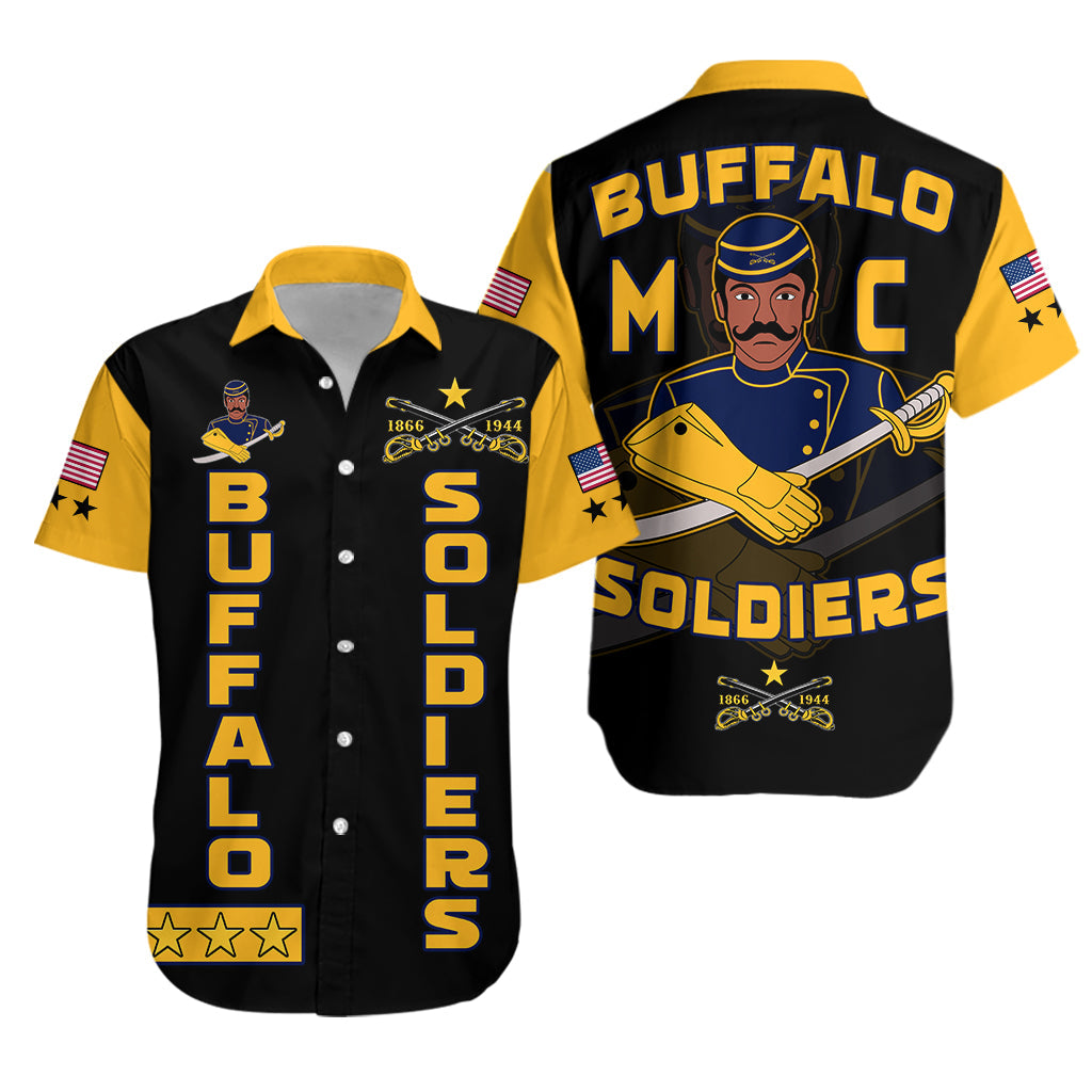 Unisex black/gold Hawaiian shirt with BUFFALO SOLDIERS graphic and stars