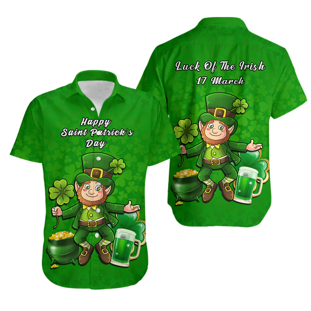 Green Hawaiian shirt with leprechaun, clovers, and St. Patrick’s Day text