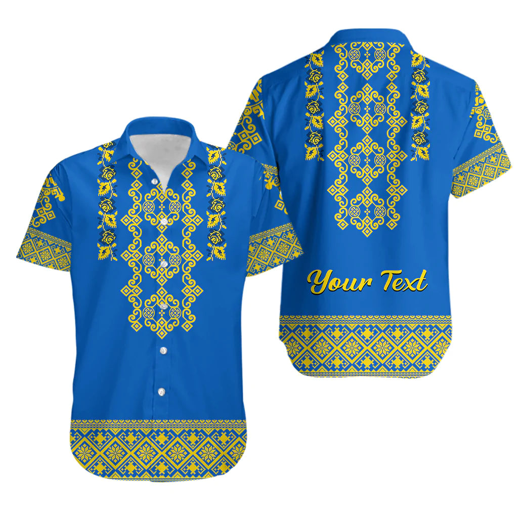 Blue Hawaiian shirt with yellow Ukrainian-style embroidery, button-up collar and hem pattern