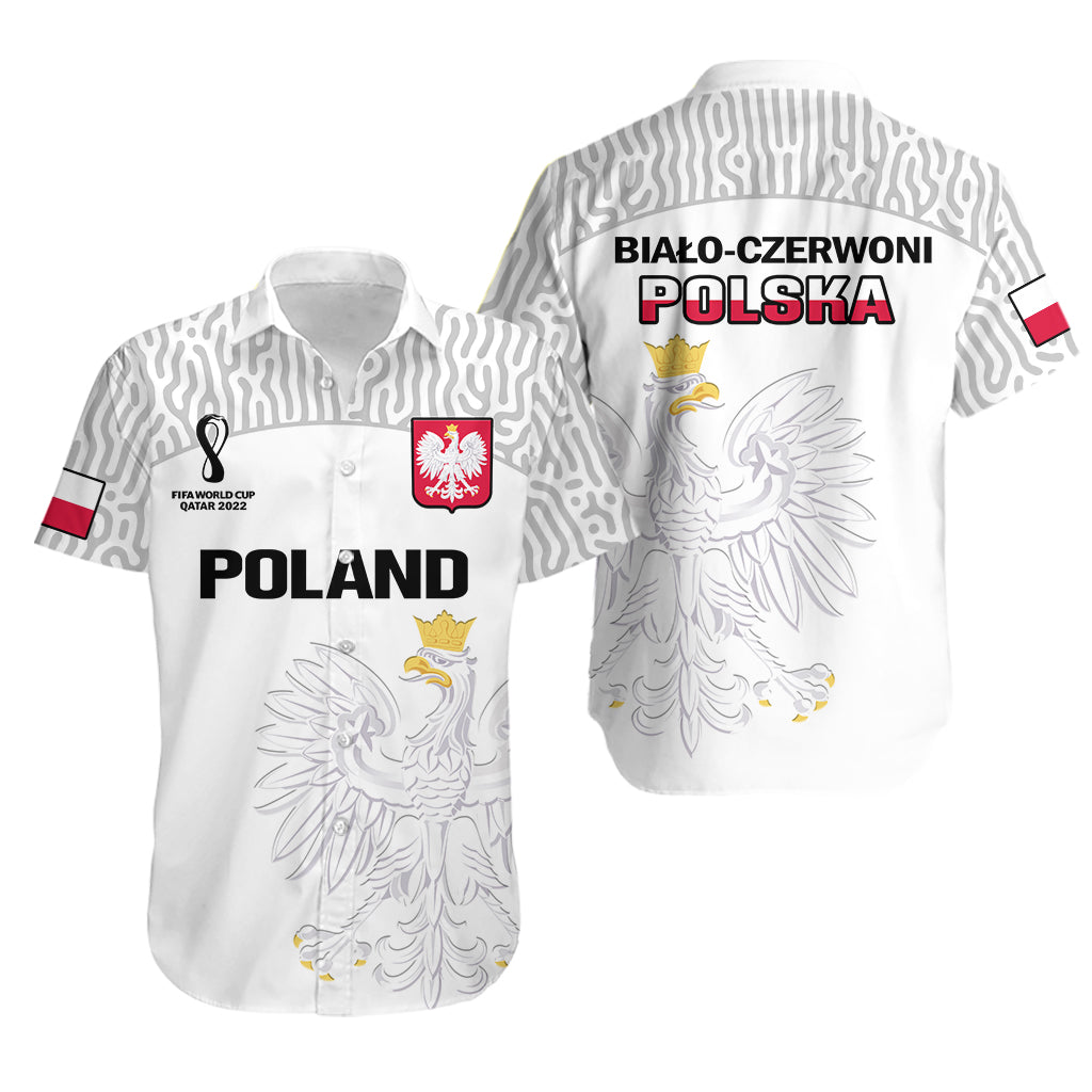 White Poland Hawaiian shirt with crest, eagle graphic, and short sleeves