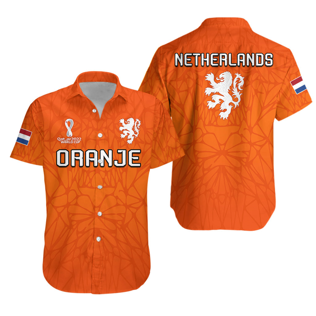 Orange Netherlands Hawaiian soccer shirt with button front, collar, crest and sleeve flag