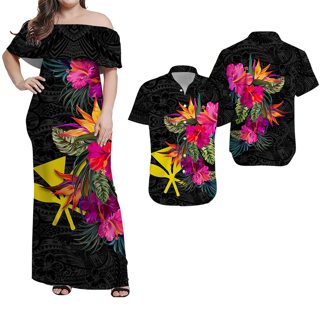 Black off-shoulder hibiscus tribal dress and short-sleeve matching shirt set with starfish