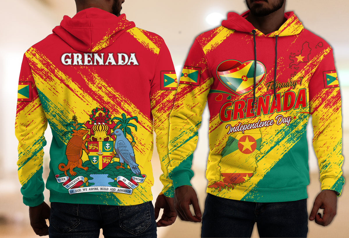 Colorful hoodie with hood, red/yellow/green design, featuring large Grenada text