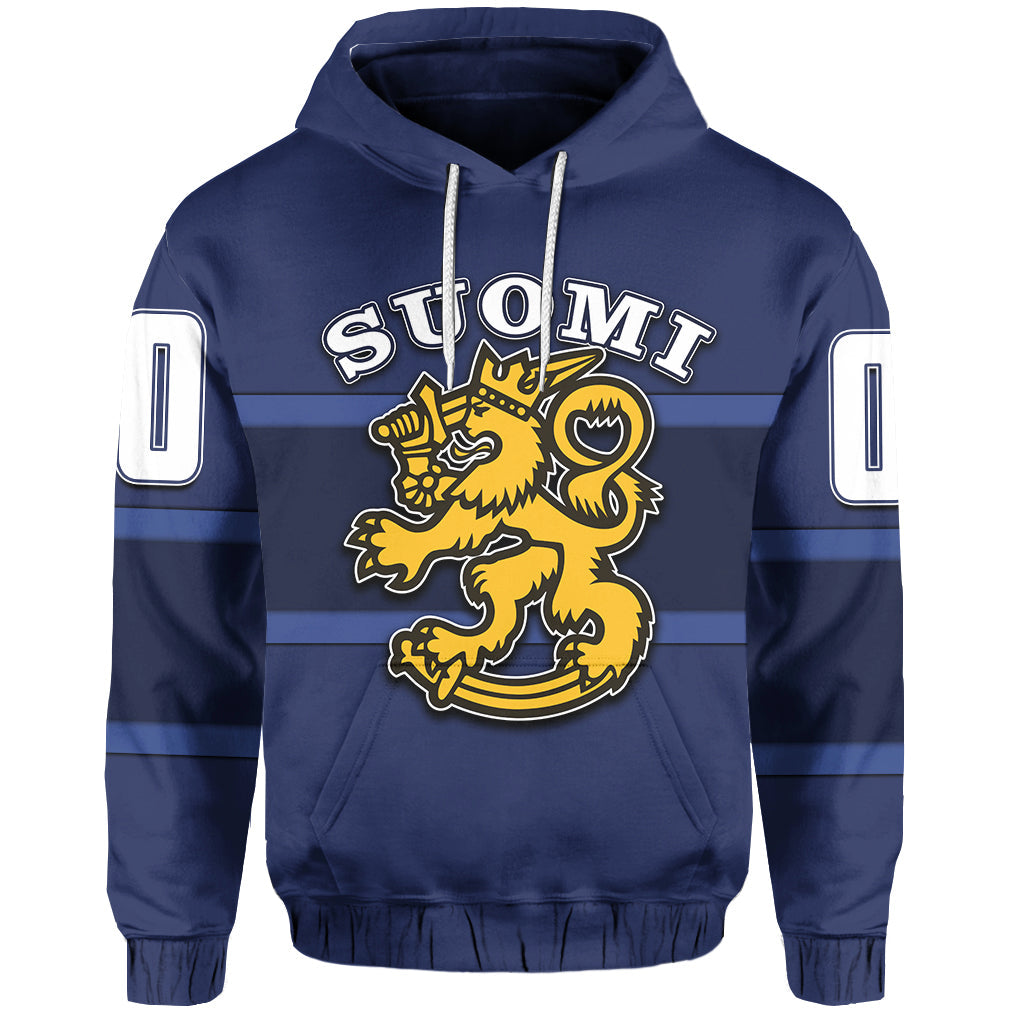 Blue pullover hoodie with Suomi lion graphic, striped bands, and white sleeve details