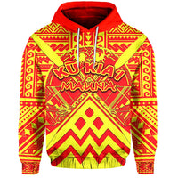 Red hoodie with Hawaiian tribal Mauna Kea graphic, hood and kangaroo pocket