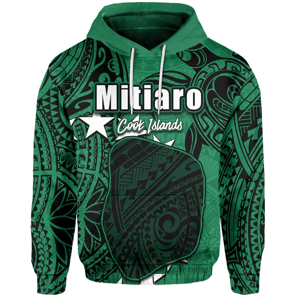 Green Mitiaro hoodie with front logo and drawstrings, full patterned print