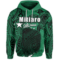 Green Mitiaro hoodie with front logo and drawstrings, full patterned print