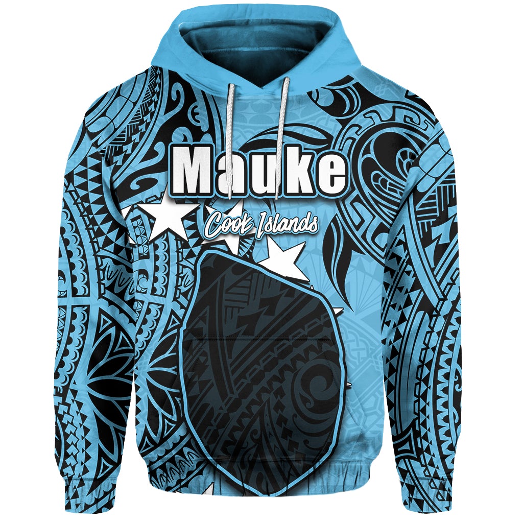 Custom Hoodie azul con capucha y cordones; estampado Mauke Cook Islands con estrellas