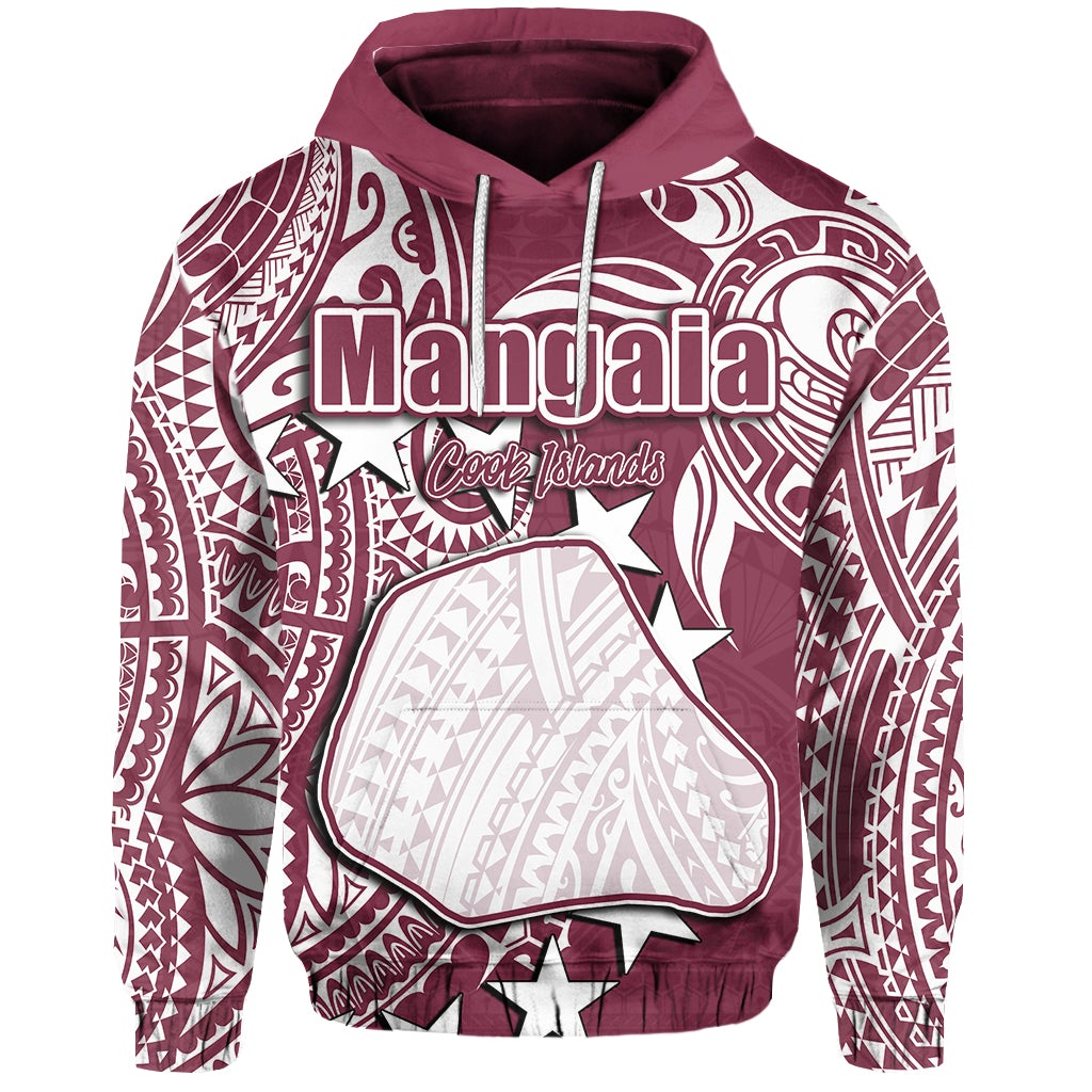 Maroon pullover hoodie with Mangaia front print and large white star graphic