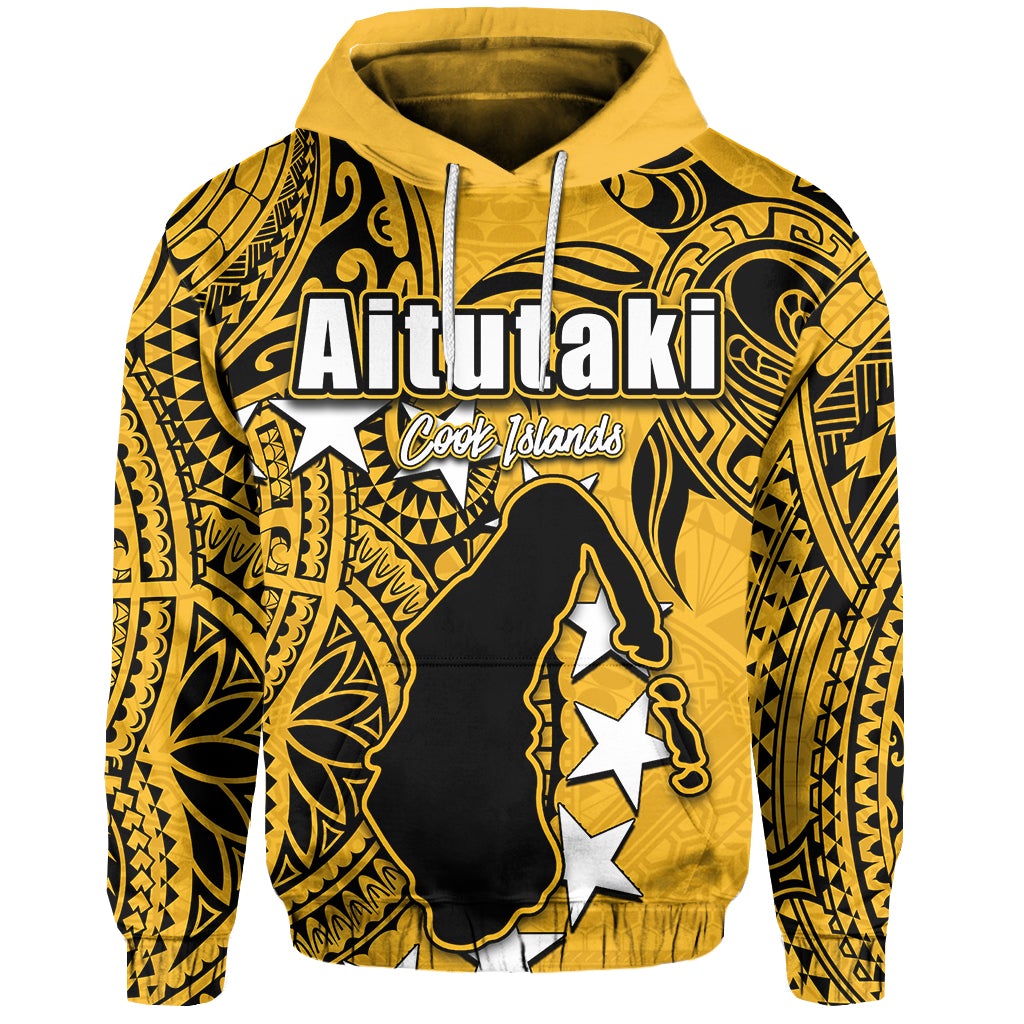 Yellow Aitutaki graphic hoodie with hood and front kangaroo pocket