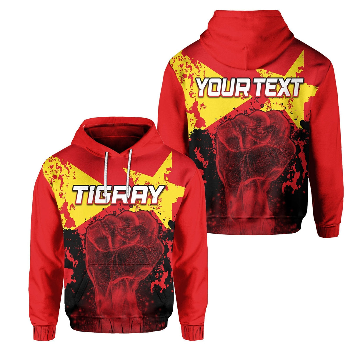 Red Tigray flag hoodie set with clenched-fist graphic, front and back views