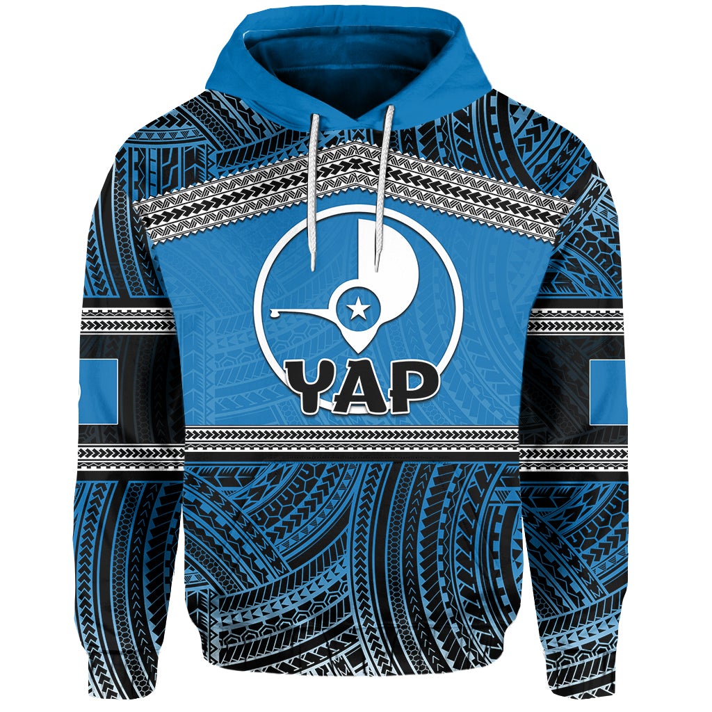 Blue pullover hoodie with Polynesian pattern print and YAP chest logo