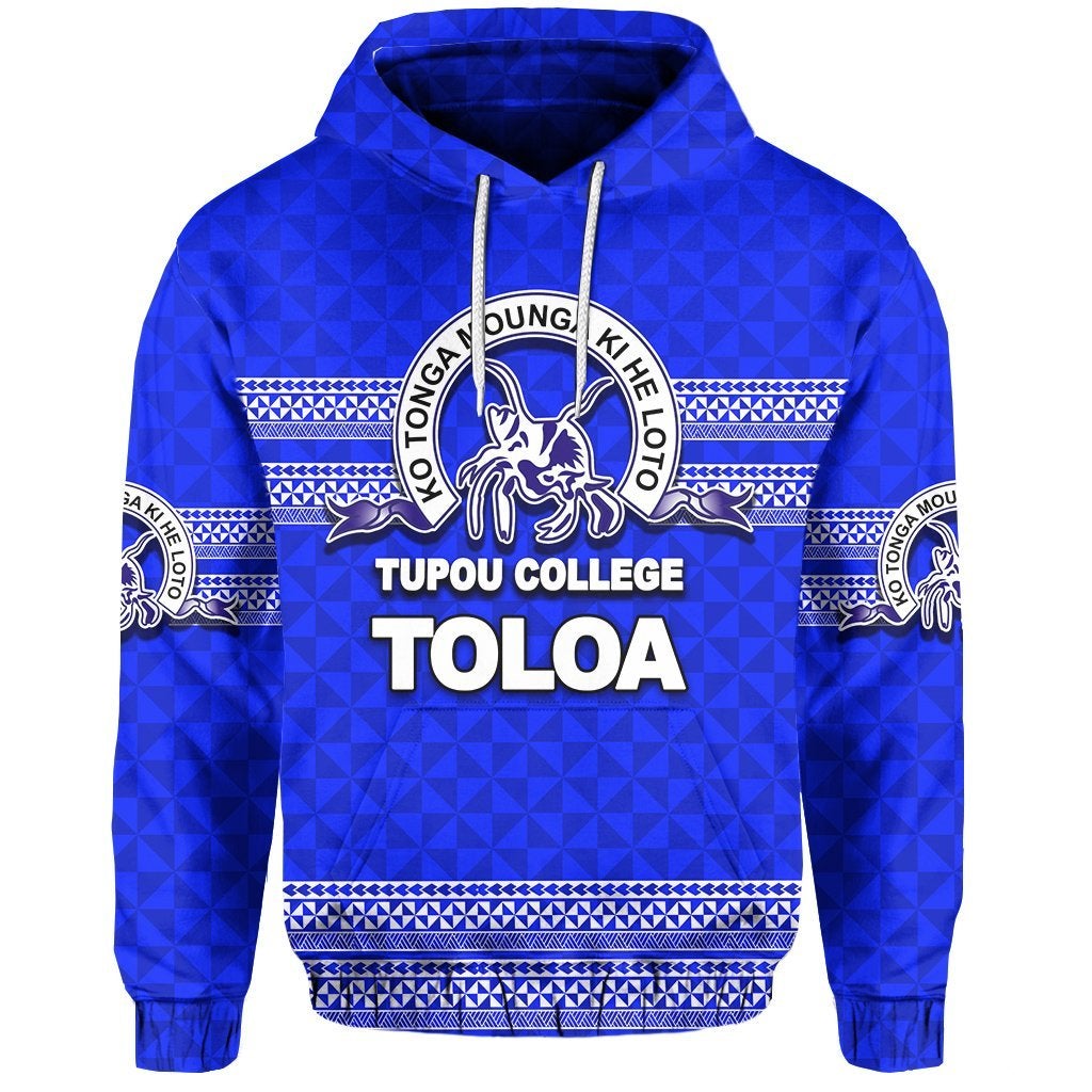 Blue pullover hoodie with drawstring hood and TUPU COLLEGE TOLOA text graphic