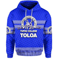 Blue pullover hoodie with drawstring hood and TUPU COLLEGE TOLOA text graphic