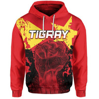 Wonder Print Shop red hoodie with TIGRAY text and clenched-fist graphic on flag starburst