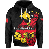 Black hoodie with colorful Papua New Guinea front graphic and hood drawstrings