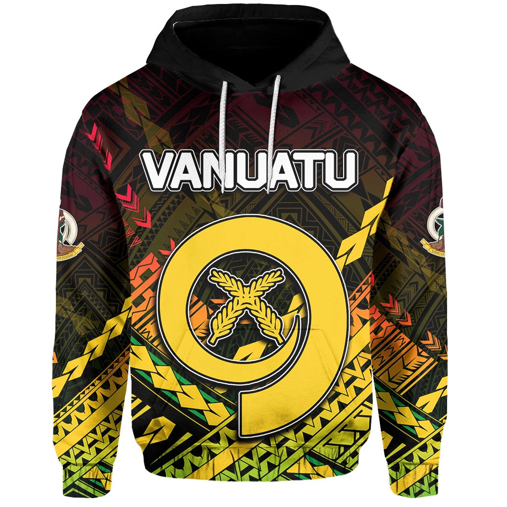 Pullover hoodie with Vanuatu graphic and circular emblem, red/yellow/green Polynesian pattern