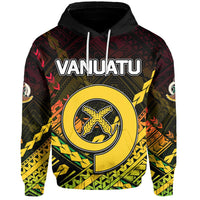 Pullover hoodie with Vanuatu graphic and circular emblem, red/yellow/green Polynesian pattern