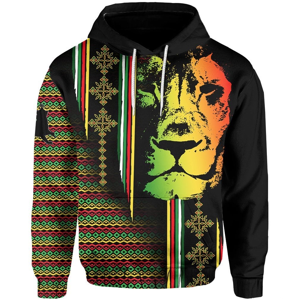 Black hooded sweatshirt with lion portrait and multicolor Ethiopian stripe panel graphic