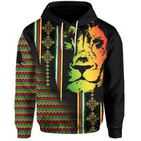 Black hooded sweatshirt with lion portrait and multicolor Ethiopian stripe panel graphic