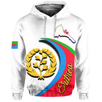 White pullover hoodie, front rainbow arc with tree emblem and gold “Love” text