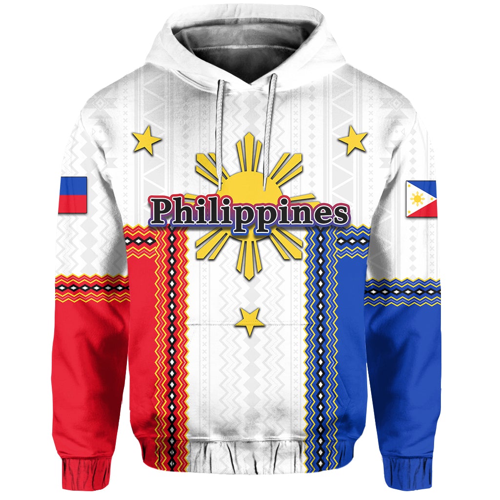 White pullover hoodie with Philippines text, sunburst, stars, and flag pattern sleeves