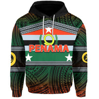 Hoodie with Penama Polynesian patterns, drawstring hood, black with green and red accents