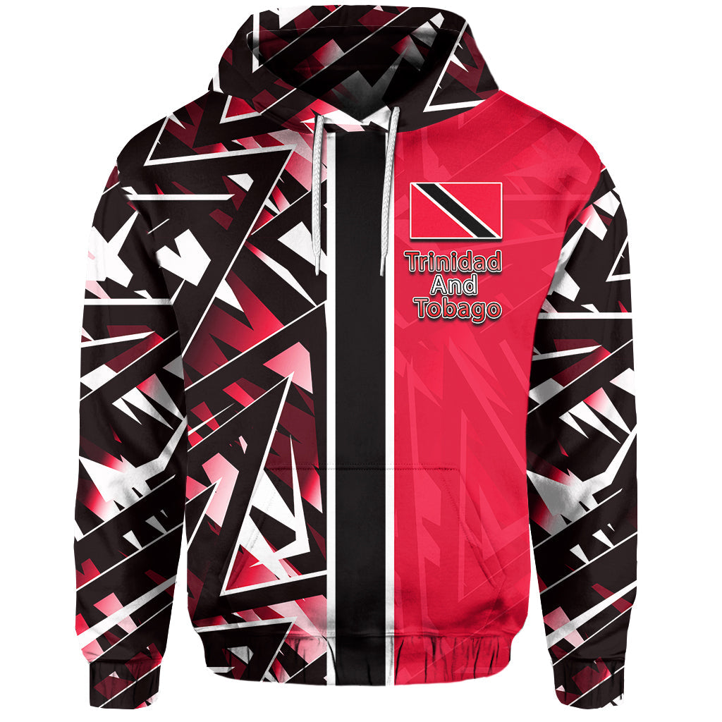 Red zip hoodie with black abstract pattern, hood zipper, 'Trinidad and Tobago' front print
