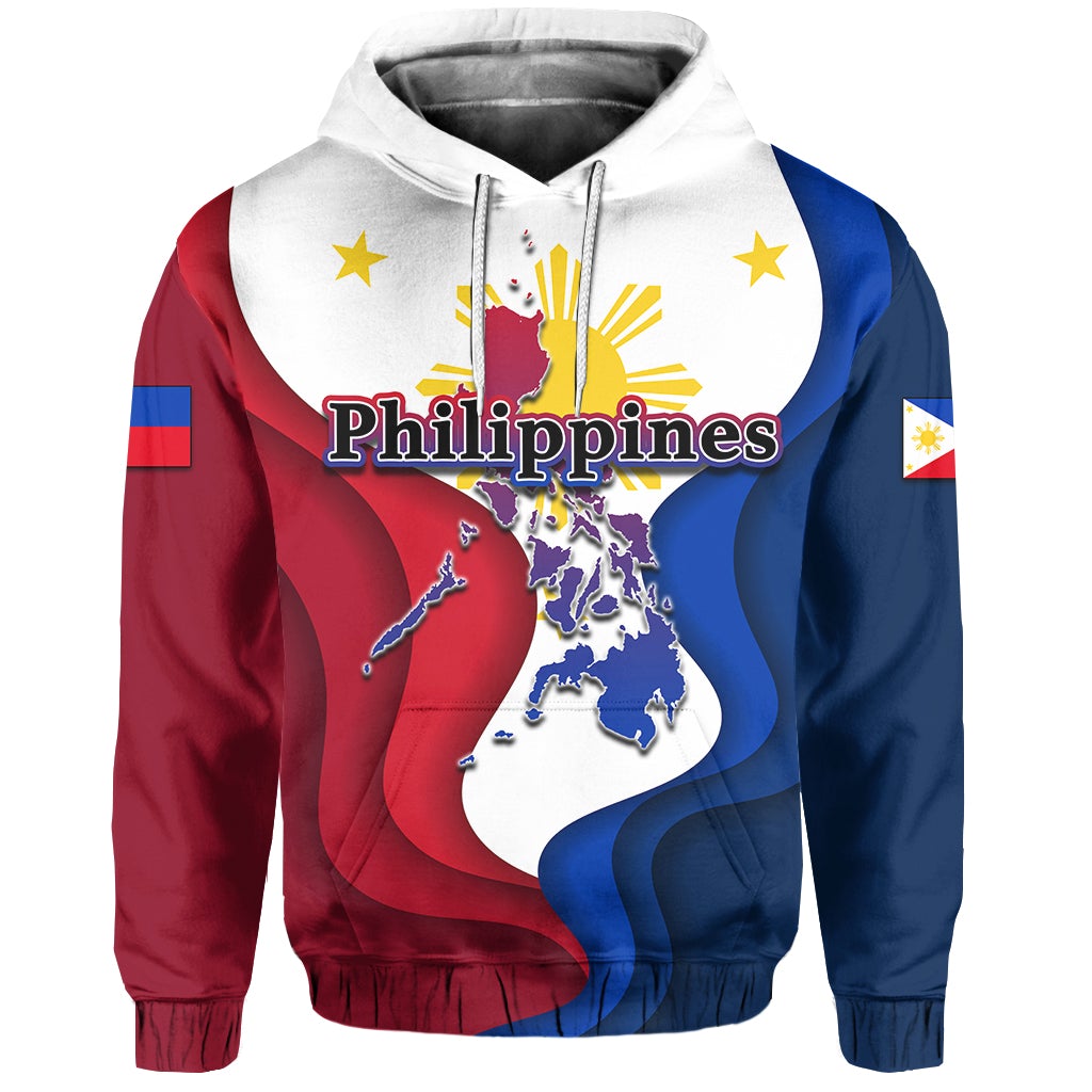White pullover hoodie with Philippines flag graphic, stars and map on front