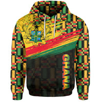 Ghana graphic pullover hoodie with colorful pattern, black base, front hood and drawstrings