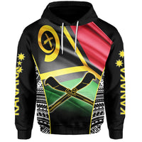 Black pullover hoodie with front graphic, hood and drawstrings, kangaroo pocket