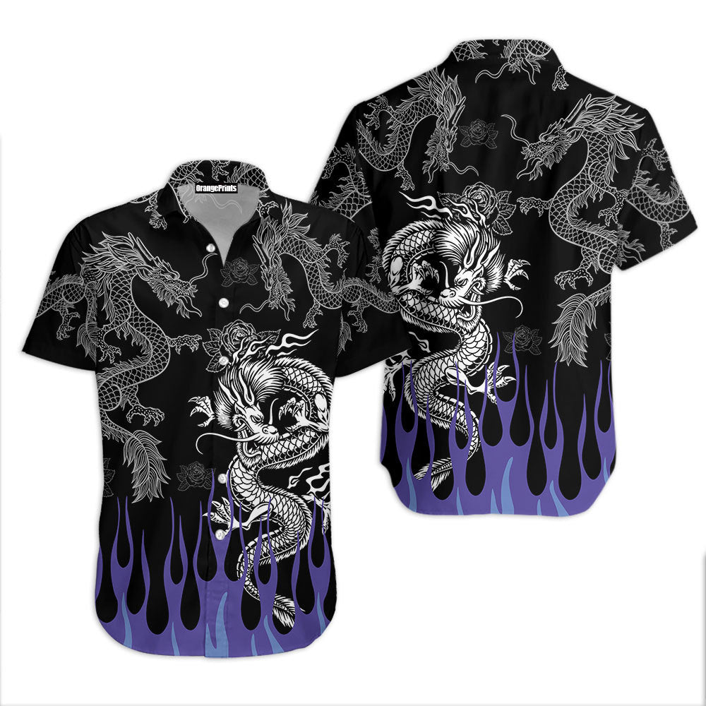 Black dragon Hawaiian shirt with white button front and purple-blue flame hem