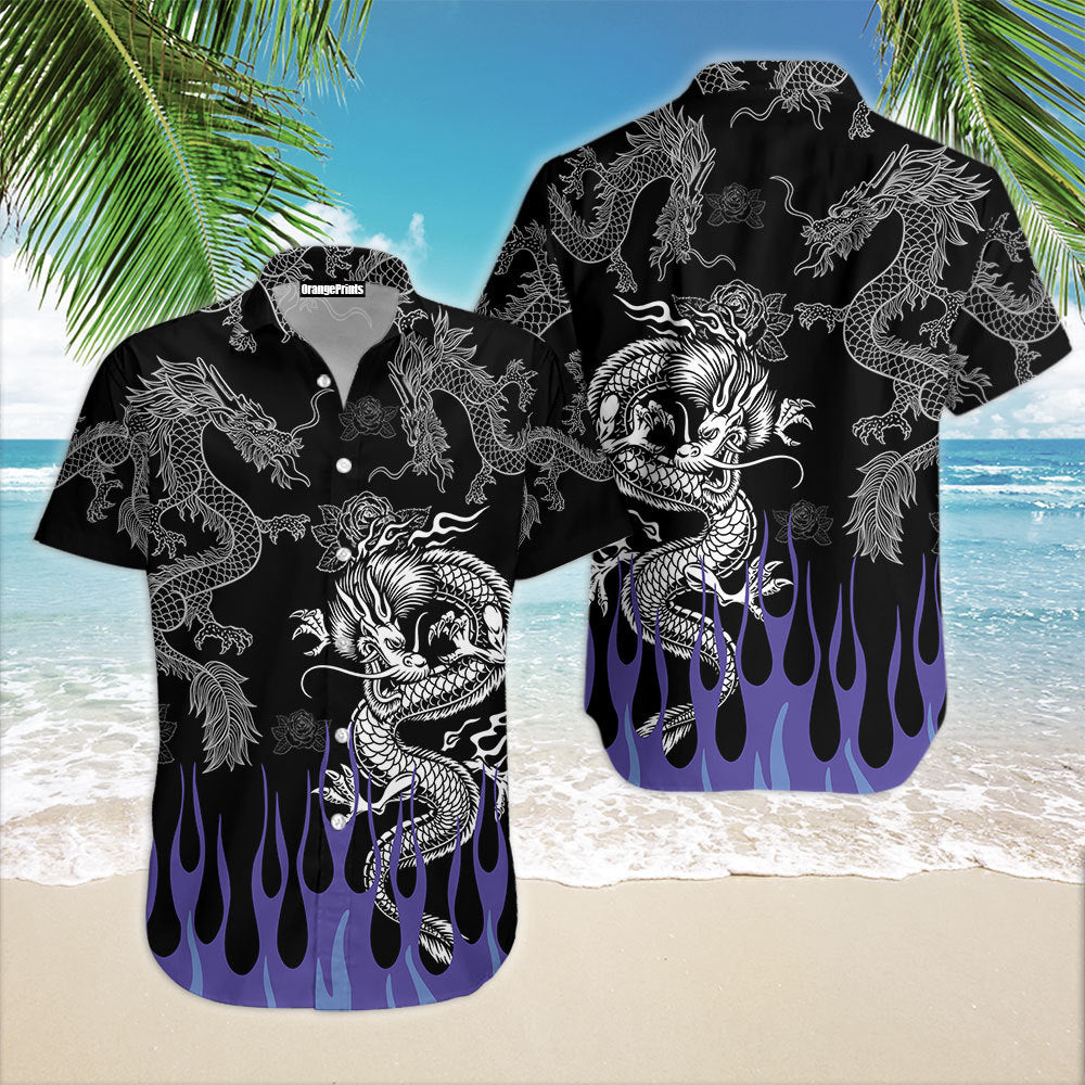 Black dragon Hawaiian shirt with dragon print and purple-blue flame border, button-front
