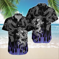 Black dragon Hawaiian shirt with dragon print and purple-blue flame border, button-front