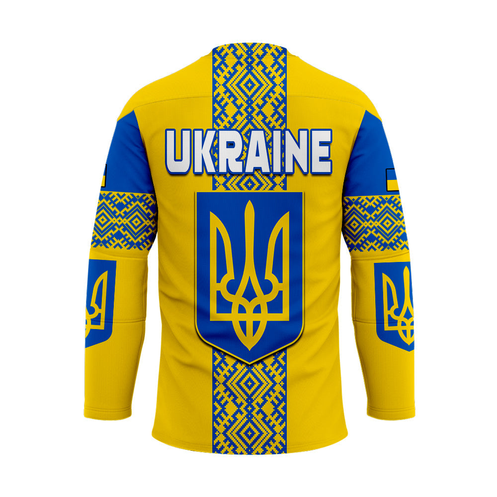 Back view yellow unisex hockey jersey with UKRAINE text, trident shield, blue sleeves