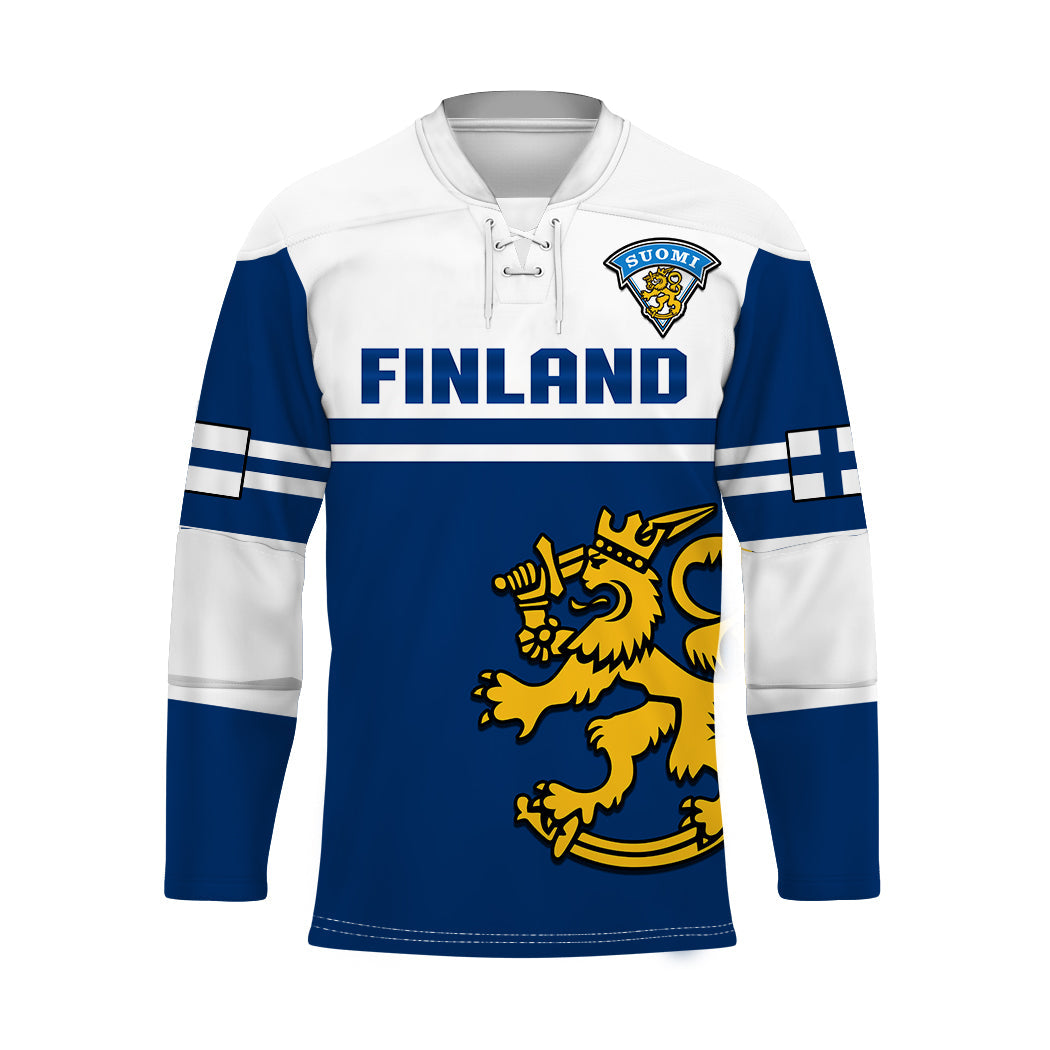 Finland hockey jersey with blue-and-white stripes, FINLAND text, lion crest logo