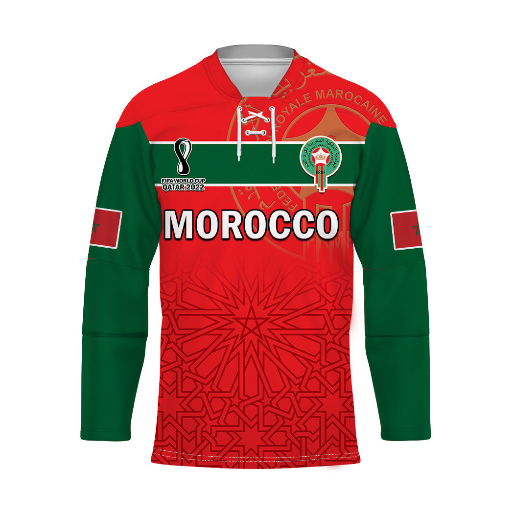 Morocco football hockey jersey, red body with green sleeves and front Morocco print