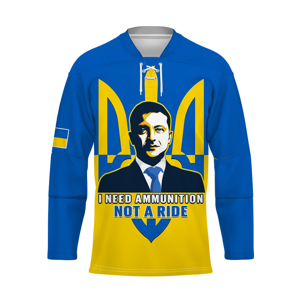 Blue hockey jersey with yellow portrait emblem and bold slogan front