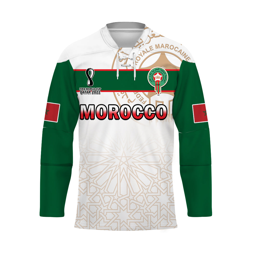 Morocco football jersey: white body, green sleeves, lace-up collar, front crest graphic