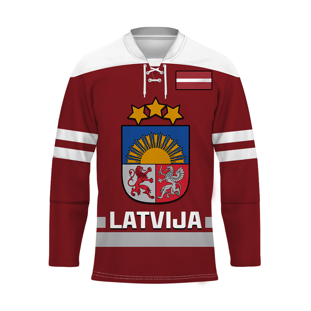 Red hockey jersey with white shoulder stripes, front crest and Latvija graphic