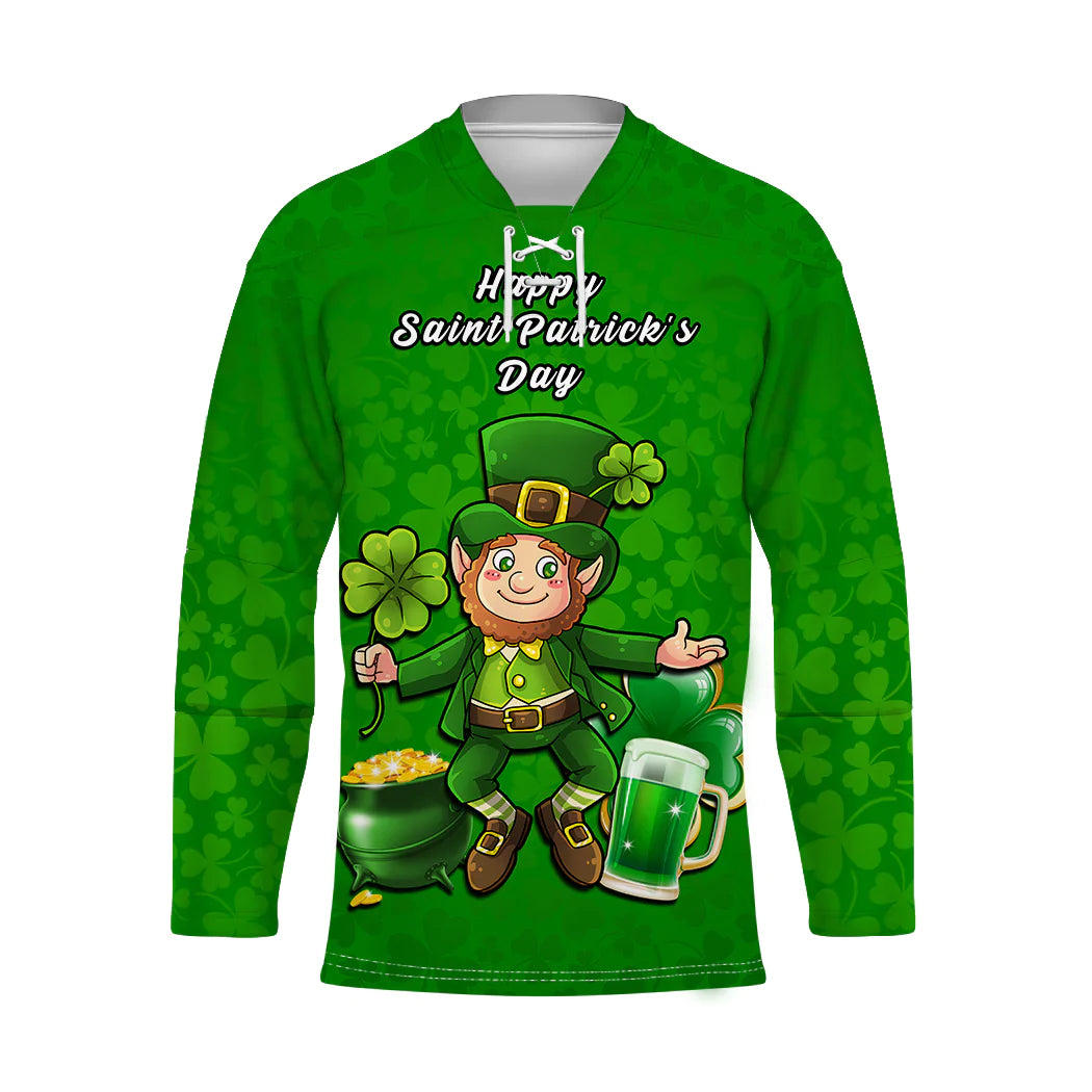 Green long-sleeve hockey jersey with leprechaun graphic, clovers, and Happy Saint Patrick's Day text