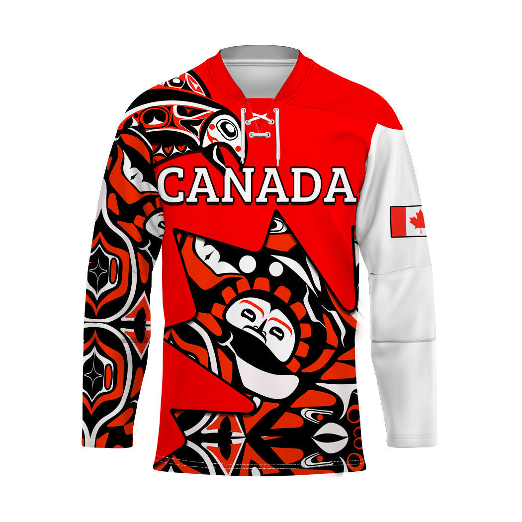 Red unisex hockey jersey with 'CANADA' front and Haida-inspired graphic sleeves