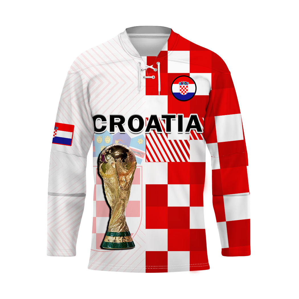 Red and white Croatia hockey jersey with checkered sleeves, crest, long sleeves